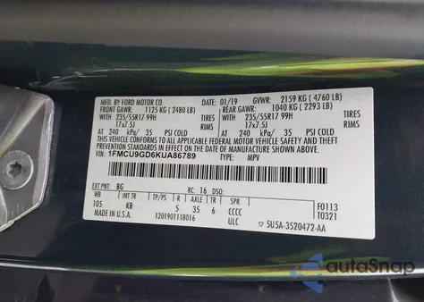 2019 Ford Escape Se z USA, uszkodzony, nr VIN 1FMCU9GD6KUA86789